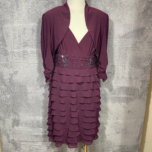 SL Fashions Women’s Size 12 Purple Tiered Ruffle Cocktail Dress with Bolero Jack - Picture 1 of 16